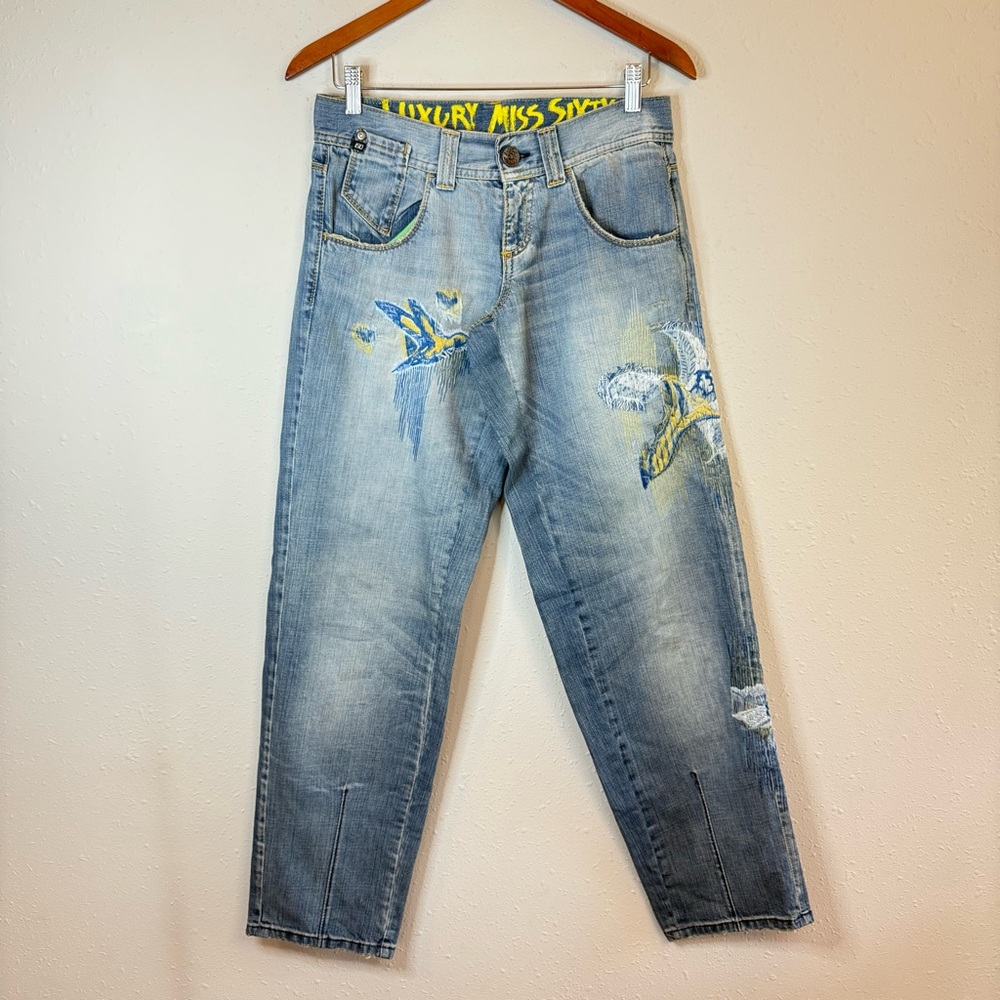 Miss Sixty Luxury Vintage Low Rise  Embroidered Blue Jeans Size 28 NWOT